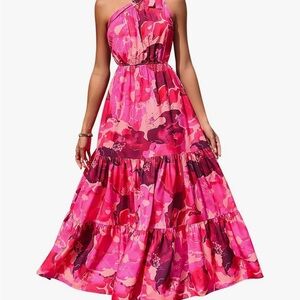 Pretty Garden Pink Tiered Halter Sundress for Wedding Guests